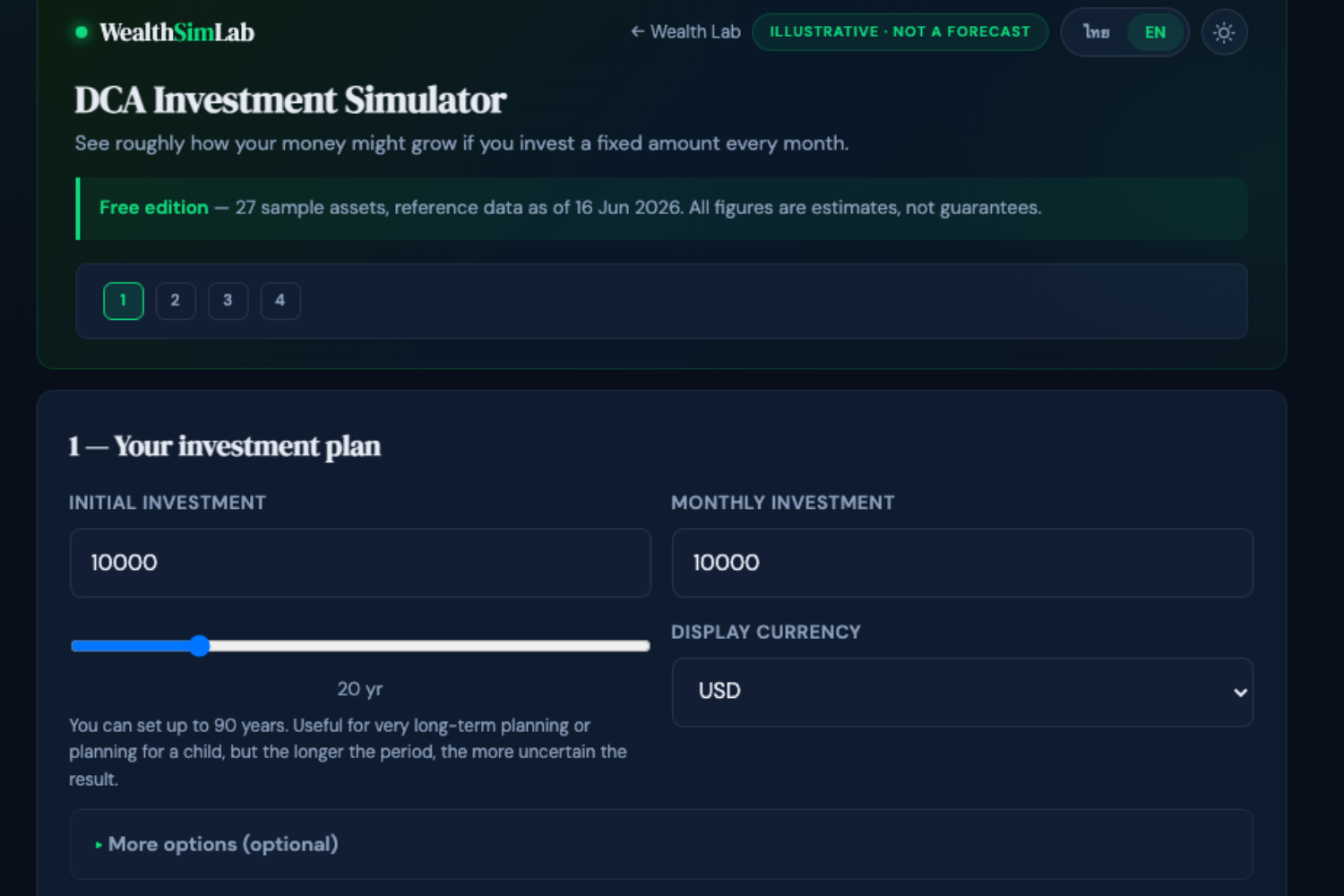 The Free DCA Simulator investment-plan screen showing a starting amount, monthly contribution, time horizon, and a projected wealth result.
