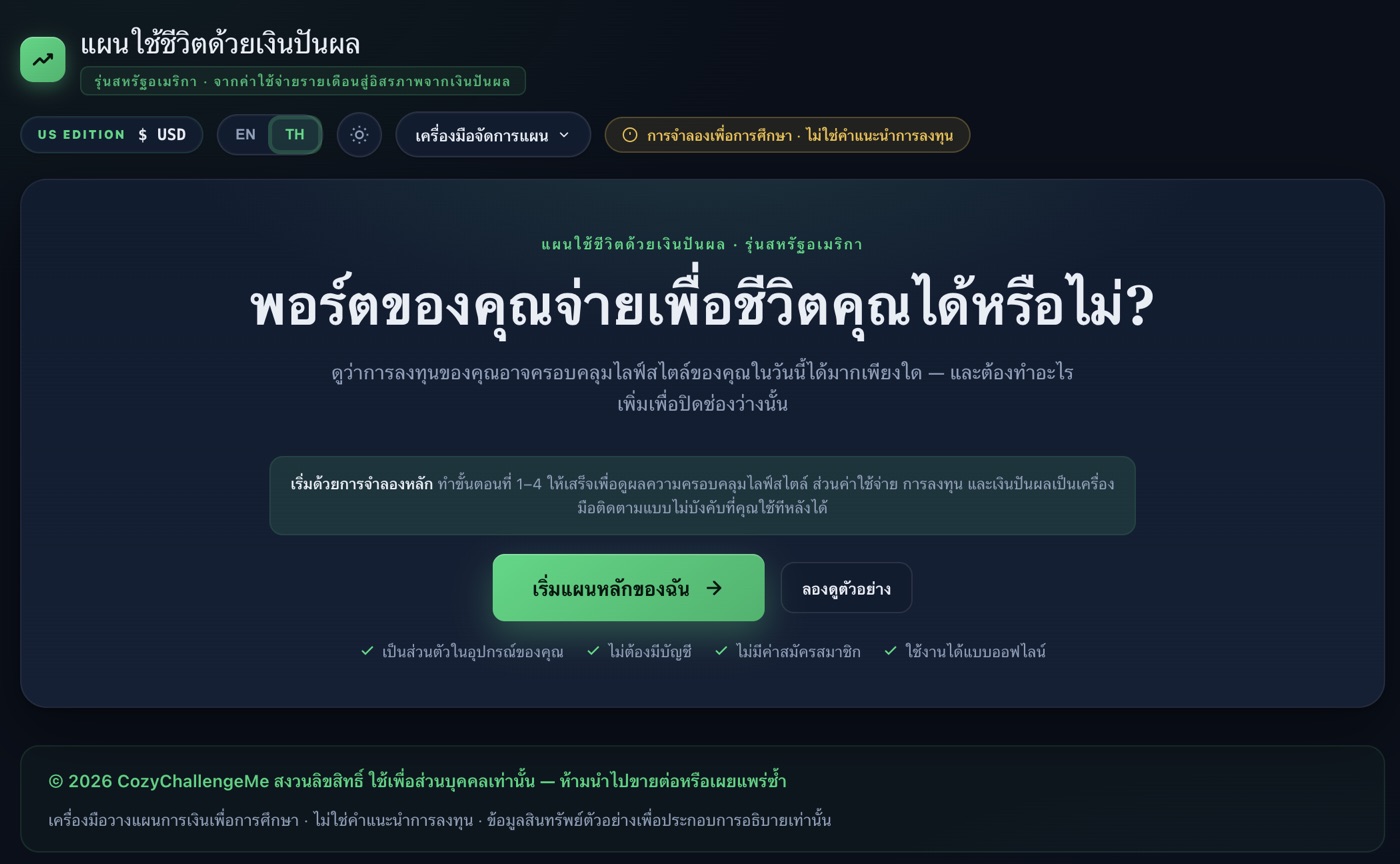 The ปันผลพอเพียง Planner desktop app showing a saved plan with portfolio, spending and cash-flow tracking.
